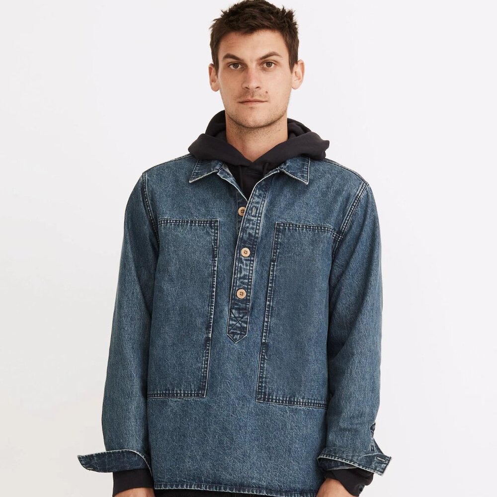 Madewell Men's L Denim Popover 1/4 Button Shirt Blue